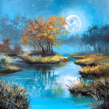 Pittura intitolato "Night Lake" da Tatyana Ustyantseva, Opera d'arte originale, Olio