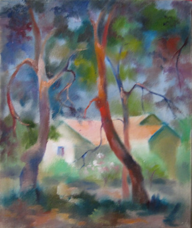 Painting titled "House under pinetre…" by Tatyana Voronin, Original Artwork, Oil