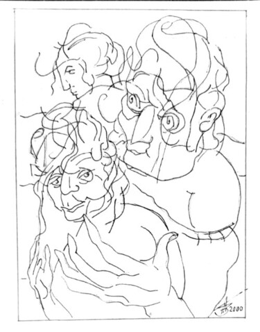 Dessin intitulée "Лот с дочерьми 2000…" par Tatyana Zakharova, Œuvre d'art originale, Stylo gel