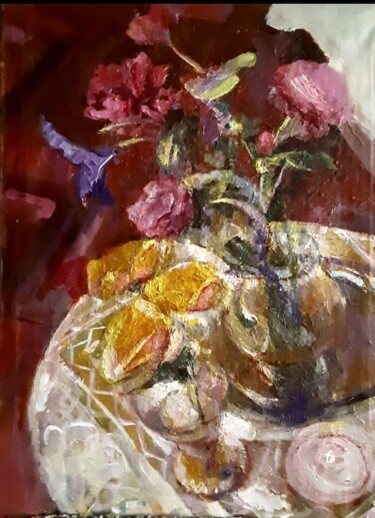 Painting titled "Цветы на круглом ст…" by Tatyana Zakharova, Original Artwork, Acrylic