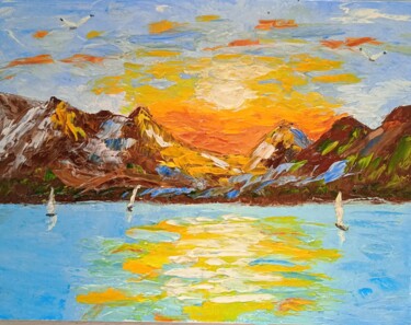 Schilderij getiteld "Sailboats at sunset" door Tatyana Zarembovskaya, Origineel Kunstwerk, Olie