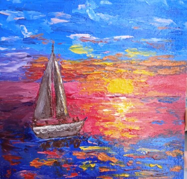 Schilderij getiteld "Sailing boat at sun…" door Tatyana Zarembovskaya, Origineel Kunstwerk, Olie