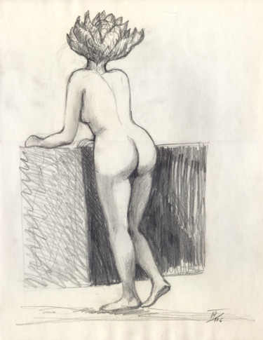 Dessin intitulée "Femme tête de chou" par Michel Tava, Œuvre d'art originale, Crayon