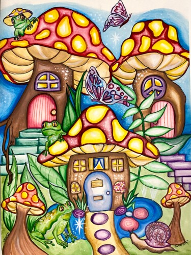 Painting titled "Frog town" by Tawnie Martinez (Earthjem), Original Artwork, Watercolor Mounted on Other rigid panel