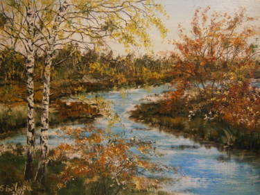 Painting titled "" ON THE RIVER "" by Sergeys Balura, Original Artwork, Oil Mounted on Wood Stretcher frame