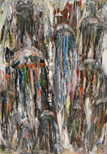Malerei mit dem Titel ""JELLYFISH AT DEPTH"" von Sergeys Balura, Original-Kunstwerk, Öl Auf Keilrahmen aus Holz montiert