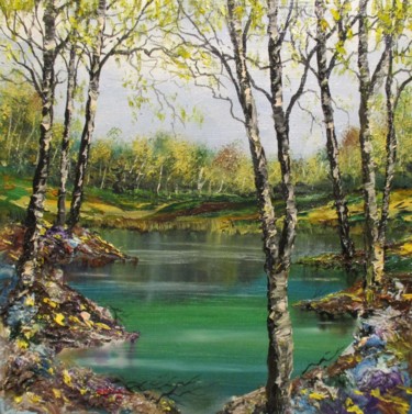 Peinture intitulée ""ON A BEAUTIFUL LAK…" par Sergeys Balura, Œuvre d'art originale, Huile Monté sur Châssis en bois