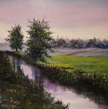 Painting titled ""BY THE RIVER"" by Sergeys Balura, Original Artwork, Oil Mounted on Wood Stretcher frame