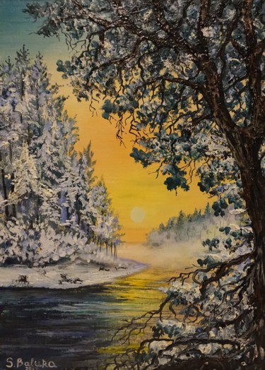 Painting titled ""BEAUTIFUL SUNSET"" by Sergeys Balura, Original Artwork, Oil Mounted on Wood Stretcher frame