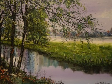 Painting titled ""ON THE RIVER BANK"" by Sergeys Balura, Original Artwork, Oil Mounted on Wood Stretcher frame