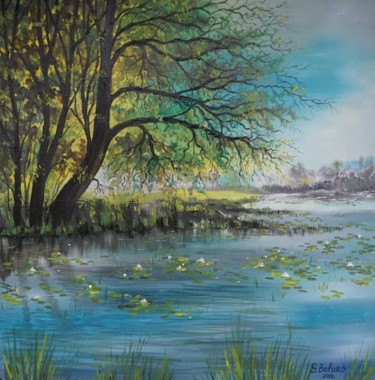 Painting titled ""AUTUMN RIVER"" by Sergeys Balura, Original Artwork, Oil Mounted on Wood Stretcher frame