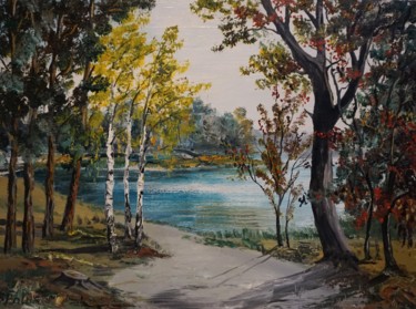 Painting titled "" ON THE LAKE "" by Sergeys Balura, Original Artwork, Oil Mounted on Wood Stretcher frame