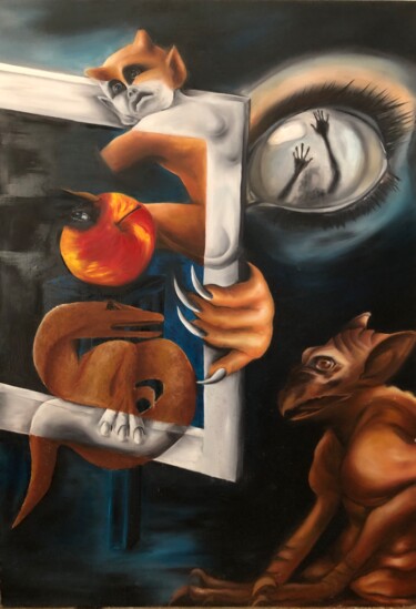Peinture intitulée "La pomme" par Tec, Œuvre d'art originale, Huile Monté sur Châssis en bois