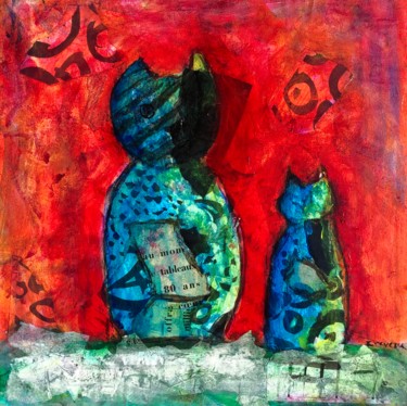 Schilderij getiteld "Hibou et chat" door Thomas Reveau, Origineel Kunstwerk, Acryl Gemonteerd op Frame voor houten brancard