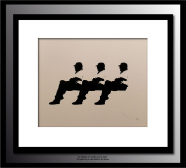 Картина под названием "Three men on a benc…" - Tehos, Подлинное произведение искусства, Масло