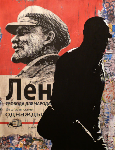 Schilderij getiteld "The Lenin Case" door Tehos, Origineel Kunstwerk, Anders Gemonteerd op Frame voor houten brancard