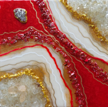 Painting titled "Wall art, Red Geode…" by Tejaswi Poojari (KOLOR KOVELA), Original Artwork, Resin Mounted on Wood Stretcher…