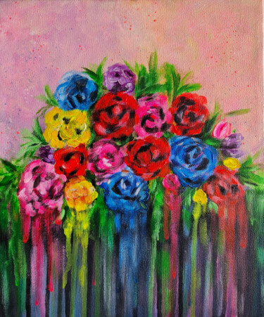 Painting titled "Floral art, rose pa…" by Tejaswi Poojari (KOLOR KOVELA), Original Artwork, Acrylic Mounted on Wood Stretche…