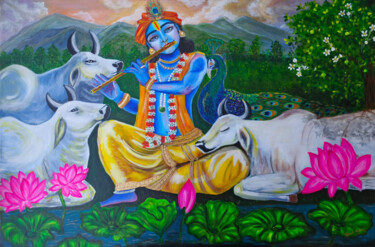 Malarstwo zatytułowany „Lord Krishna painti…” autorstwa Tejaswi Poojari (KOLOR KOVELA), Oryginalna praca, Akryl Zamontowany…