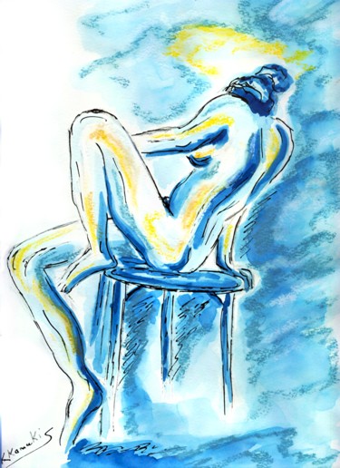 Dessin intitulée "Etude en Bleu" par Tekkamaki, Œuvre d'art originale