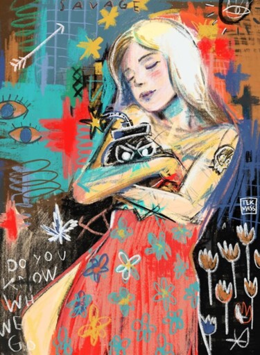 Schilderij getiteld "Femme Fatale" door Tekmass, Origineel Kunstwerk, Acryl Gemonteerd op Frame voor houten brancard