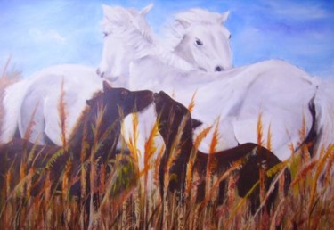Peinture intitulée "chevaux de camargue" par Christiane Michaud, Œuvre d'art originale, Huile