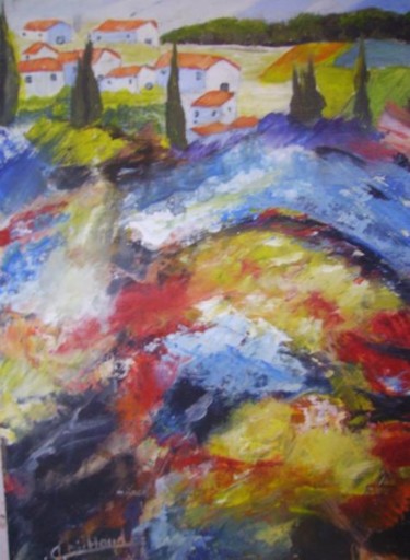 Peinture intitulée "paysage en fleurs" par Christiane Michaud, Œuvre d'art originale, Huile
