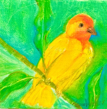 Painting titled "Yellow Bird" by Telma Weber, Original Artwork, Oil Mounted on Wood Stretcher frame