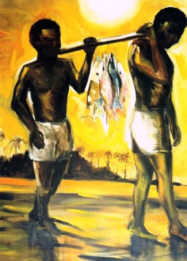 Painting titled "PESCADORES" by Telma Weber, Original Artwork, Oil