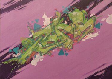 Painting titled "Greenthumb" by Tenos3000, Original Artwork, Spray paint Mounted on Wood Stretcher frame