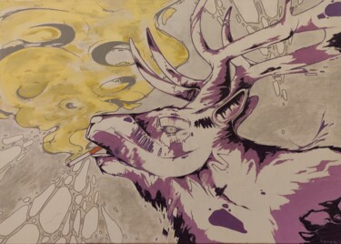 Painting titled "Smoking Deer" by Tenos3000, Original Artwork, Acrylic Mounted on Wood Stretcher frame
