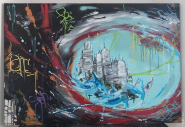 Schilderij getiteld "City Madness" door Tenos3000, Origineel Kunstwerk, Acryl Gemonteerd op Frame voor houten brancard