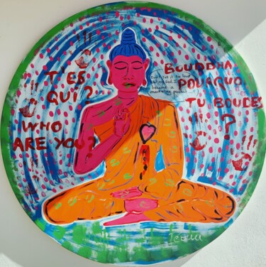 Painting titled "Marketing Buddha" by Téoua, Original Artwork, Acrylic Mounted on Wood Stretcher frame