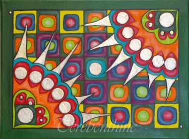 Painting titled "Atomes crochus" by Térébenthine, Original Artwork, Oil Mounted on Wood Stretcher frame