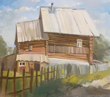 Schilderij getiteld "Деревня" door Ekaterina Terenteva, Origineel Kunstwerk, Olie Gemonteerd op Frame voor houten brancard