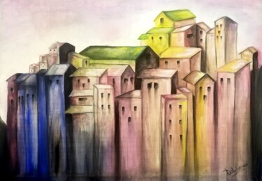 Картина под названием "" Colori nel borgo "" - Teresa Di Marte, Подлинное произведение искусства, Темпера Установлен на Дере…