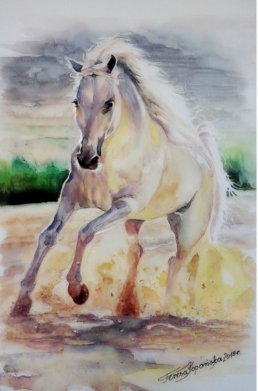 Painting titled "W galopie" by Teresa Kopańska, Original Artwork, Watercolor