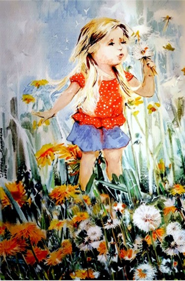 Pintura intitulada "Dziewczynka z dmuch…" por Teresa Kopańska, Obras de arte originais, Aquarela