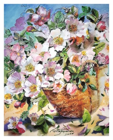 Pintura intitulada "Kosz dzikich róż" por Teresa Kopańska, Obras de arte originais, Aquarela Montado em artwork_cat.