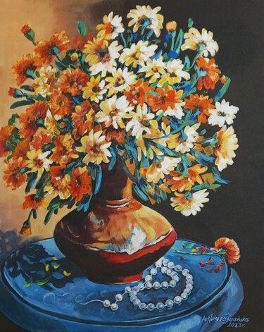 Ζωγραφική με τίτλο ""Nagietki i Perły"" από Teresa Kopańska, Αυθεντικά έργα τέχνης, Λάδι