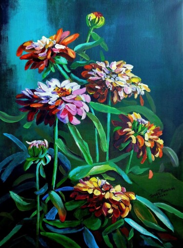 Malarstwo zatytułowany „Kwiaty Cynie” autorstwa Teresa Kopańska, Oryginalna praca, Akryl