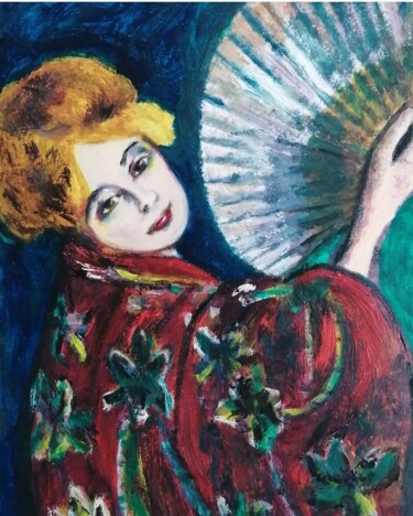 Pittura intitolato "Girl with a fan" da Teresa Lopes, Opera d'arte originale, Olio