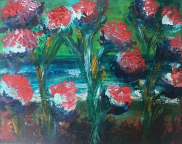 Painting titled "Flowers near the sea" by Teresa Lopes, Original Artwork, Oil