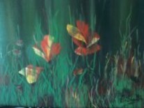Painting titled "VERDES Y FLORES" by Teresa Sheinquerman (T. Shein), Original Artwork, Oil Mounted on Wood Stretcher frame