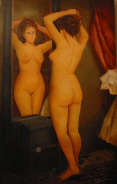 Pittura intitolato "donna allo specchio" da Teresa Riganello, Opera d'arte originale, Olio