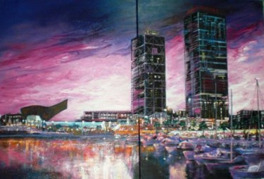 Painting titled "puerto olimpico ( B…" by Chivrall, Original Artwork, Oil Mounted on Wood Stretcher frame