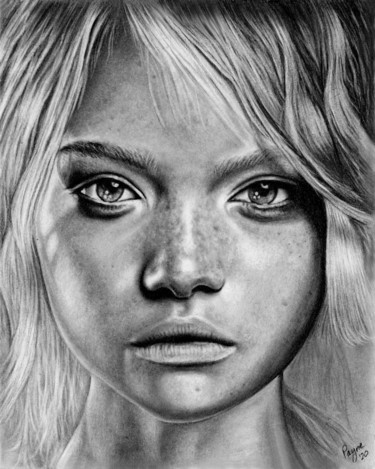 Drawing titled "Portrait of girl" by Teresa Payne Art, Original Artwork, Charcoal Mounted on Other rigid panel