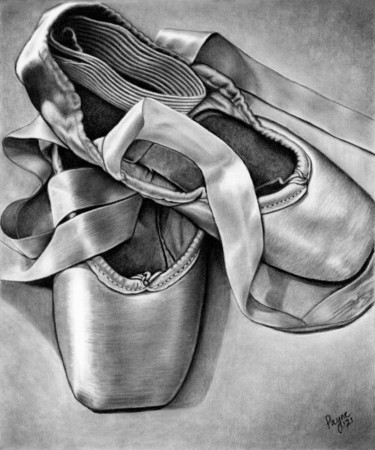 Desenho intitulada "Ballet Slippers" por Teresa Payne Art, Obras de arte originais, Carvão Montado em Outro painel rígido