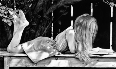 Drawing titled "Girl Reading" by Teresa Payne Art, Original Artwork, Charcoal Mounted on Other rigid panel