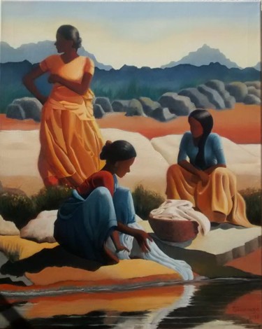 Peinture intitulée "Lavadeiras Indianas" par Teresa Maya, Œuvre d'art originale, Huile